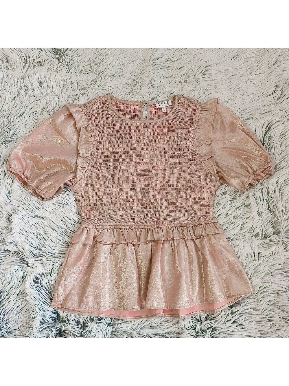TCEC Metallic Pink Smocked Peplum Top Boutique NWT size medium